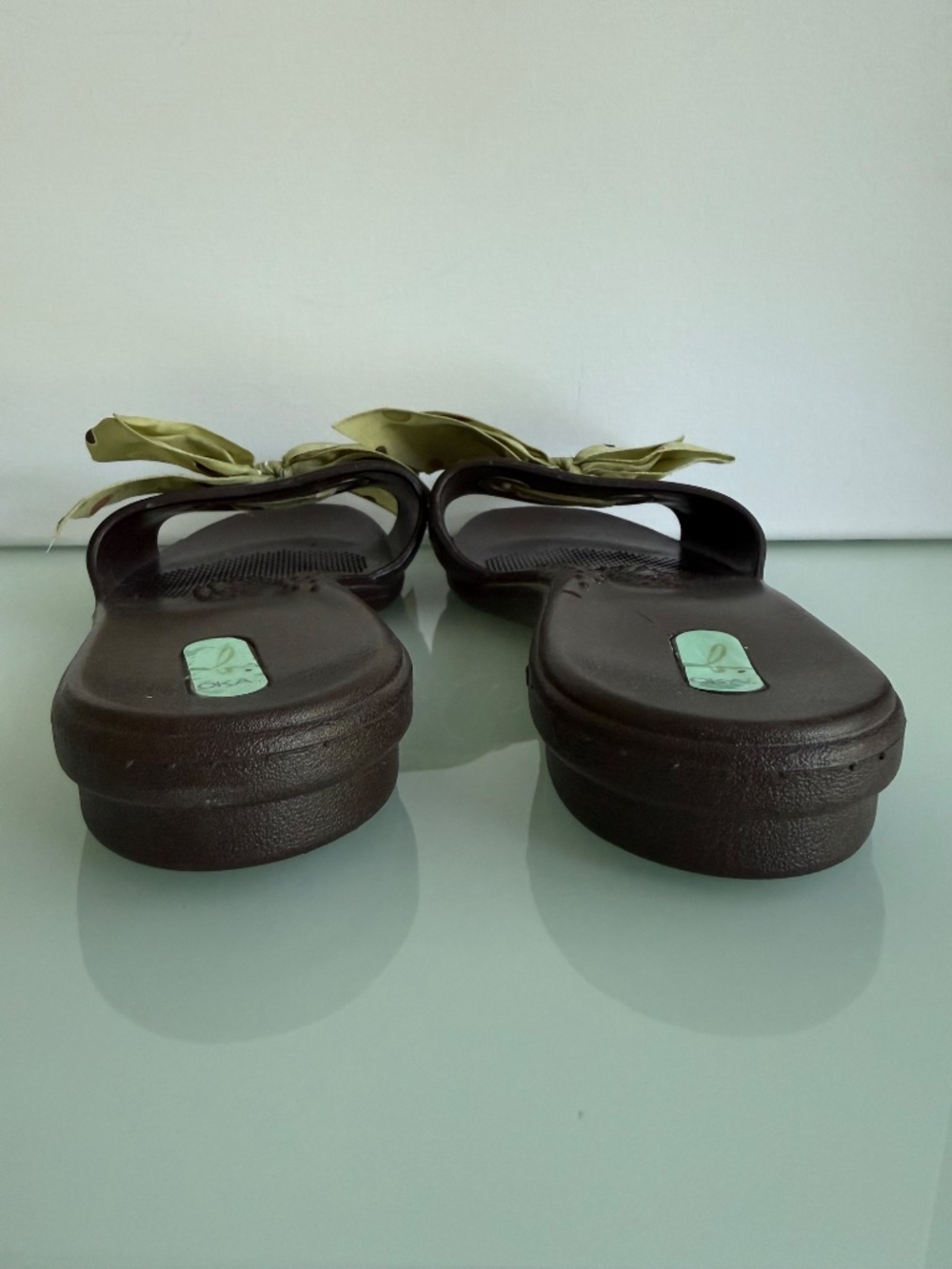 Okabashi Brown Slide Sandals Green Bow Polka Dot Open Toe Slip On Size M - Picture 2 of 14